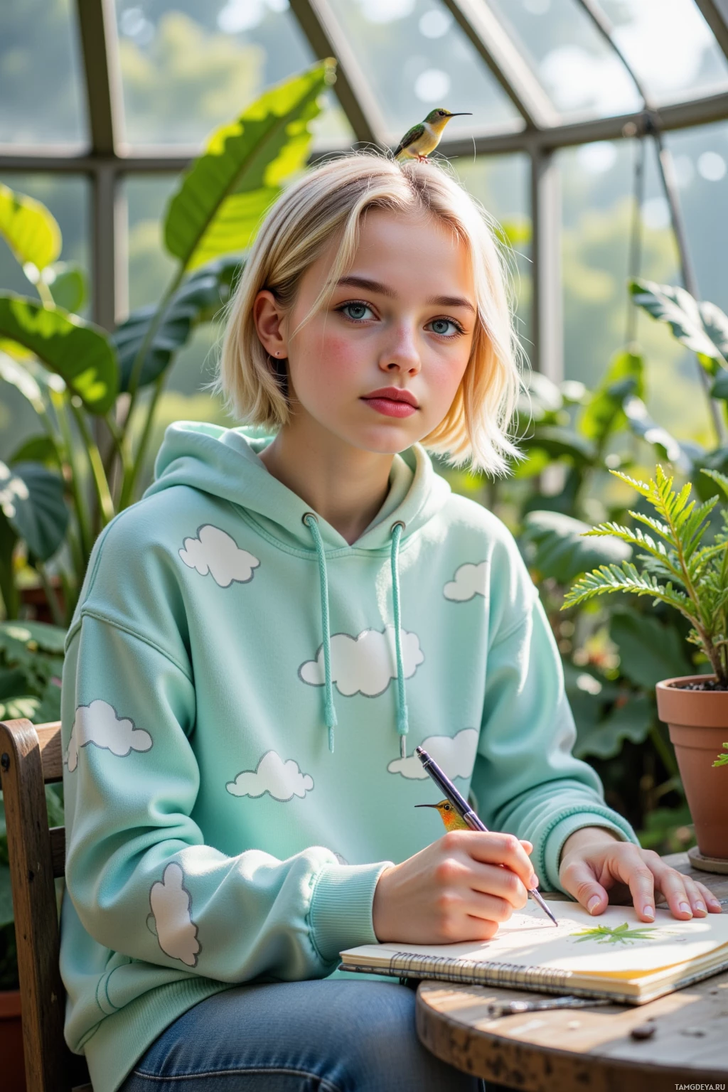 A person wearing a light green hoodie with cloud designs sits at a table, drawing in a notebook.
