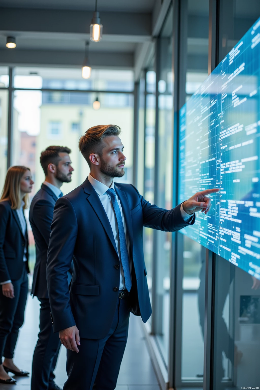 A man in a suit points at a large digital display in an office setting.