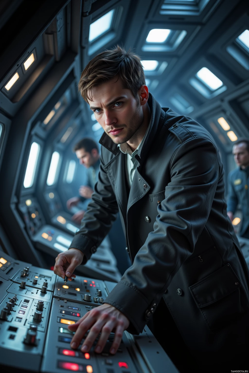 A man in a futuristic setting operates a control panel.