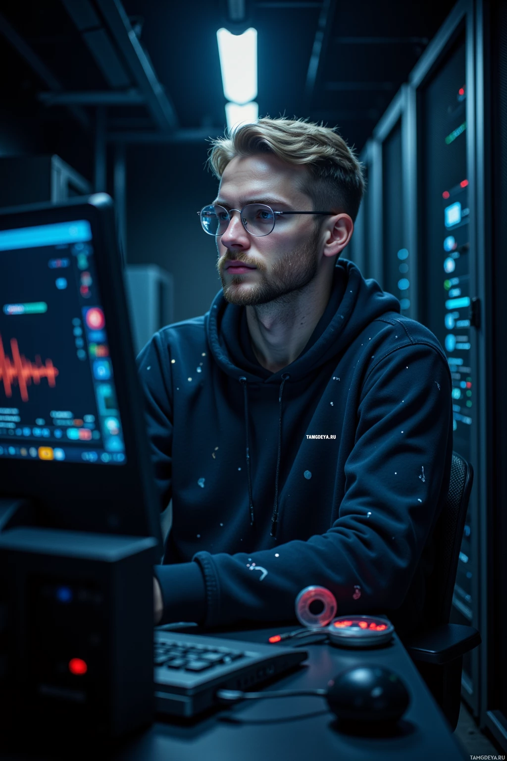 A person wearing glasses and a hoodie is seated at a computer in a dimly lit room.