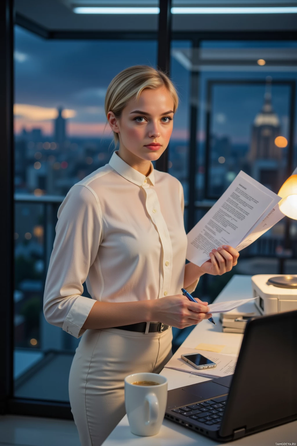 A woman in a professional setting holds a document and pen, with a cityscape visible through the window.