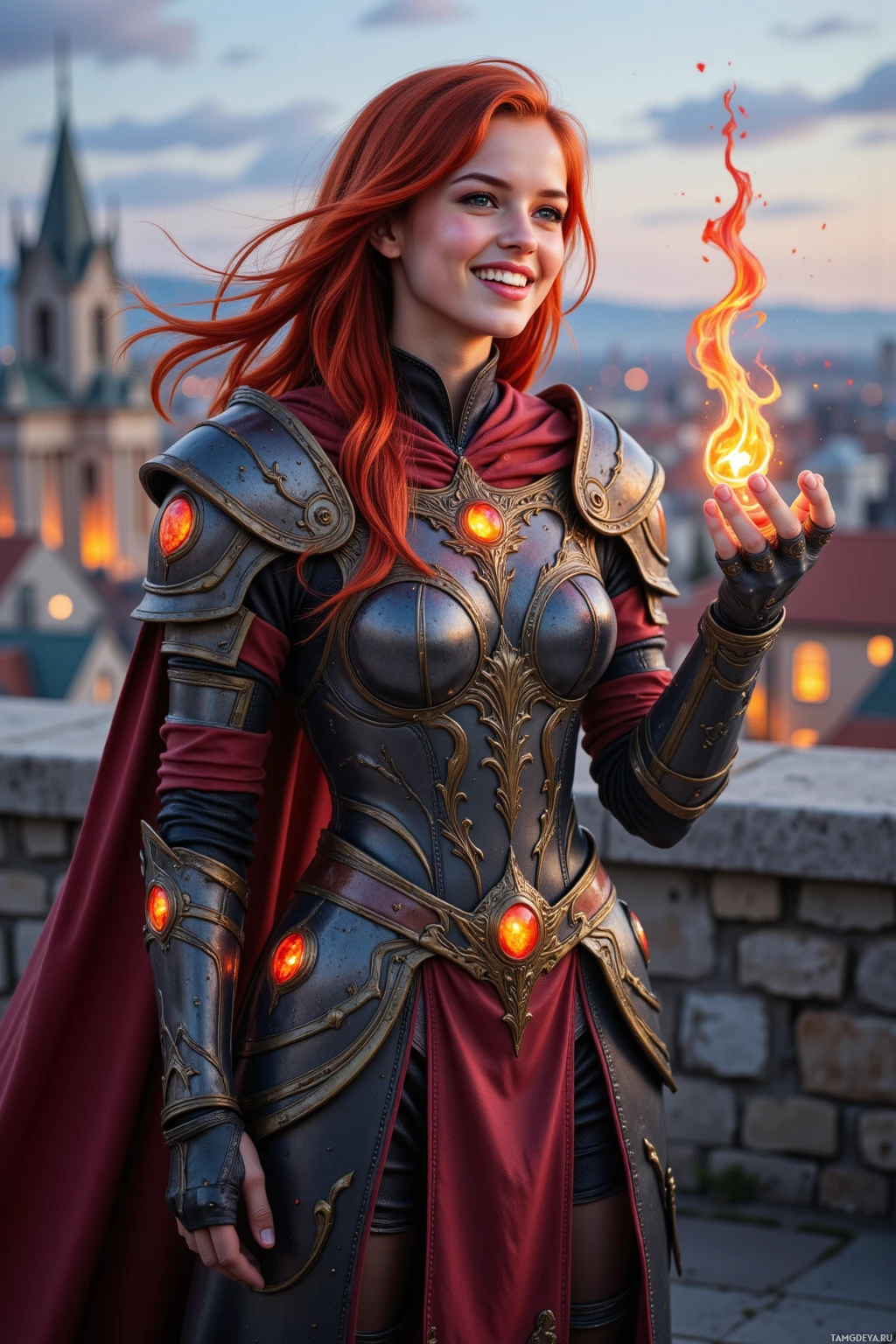 A woman in ornate armor holds a glowing flame, standing atop a stone wall with a cityscape in the background.