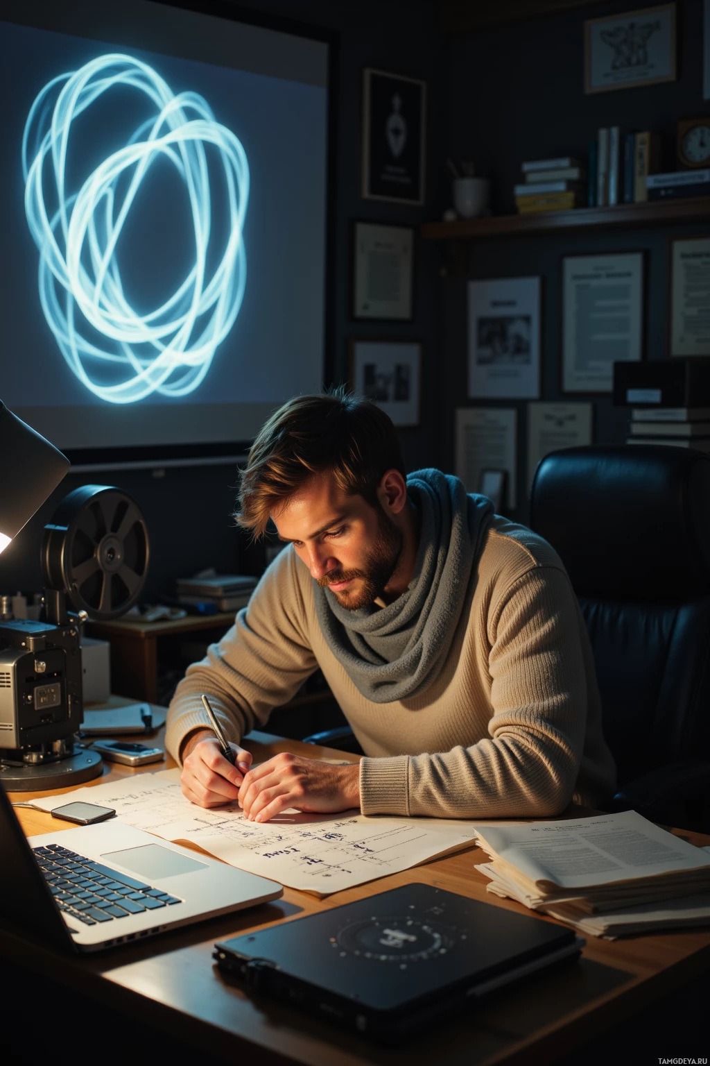 A man is working at a desk, writing on a document with a laptop and other papers around him.