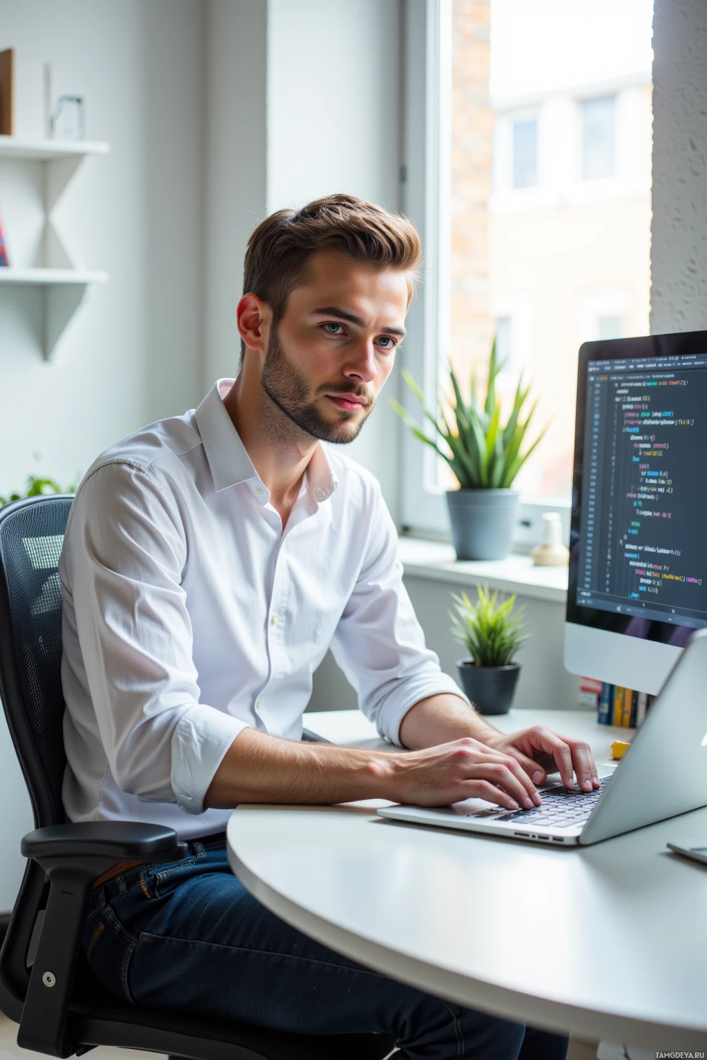 A man in a white shirt works on a laptop in a modern office setting.