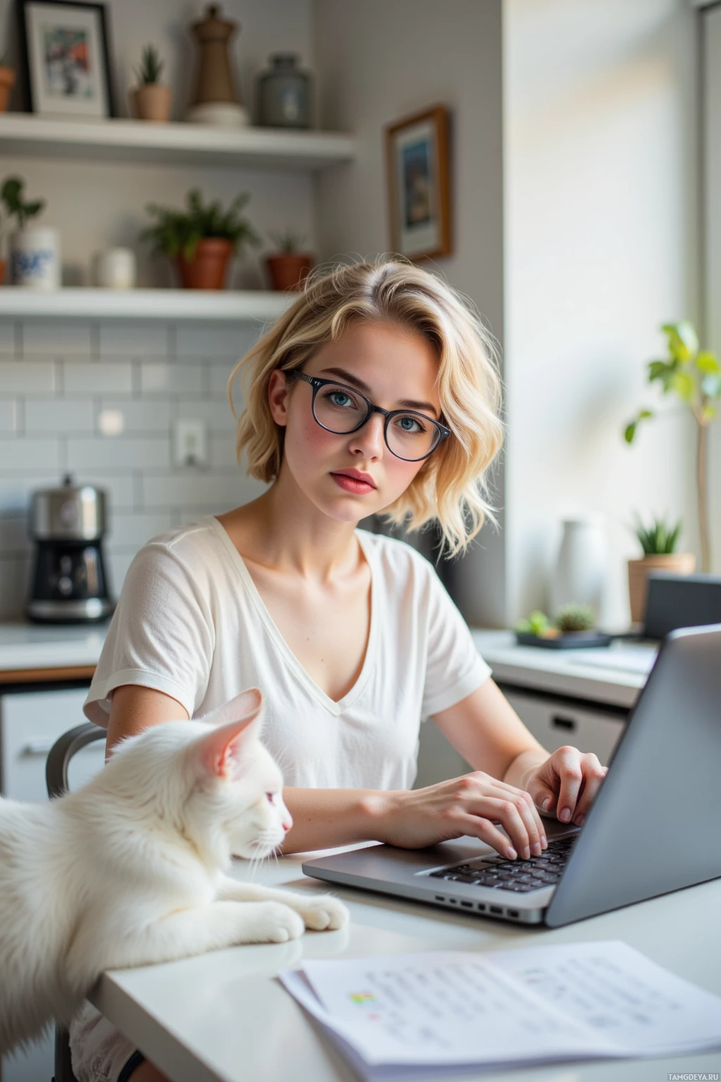 A woman with glasses works on a laptop with a white cat resting nearby.