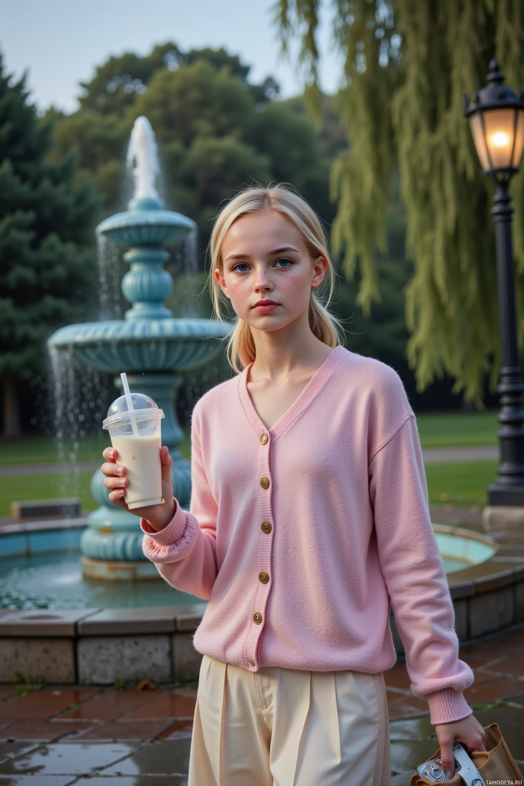 A person in a pink cardigan holds a drink in front of a fountain in a park.