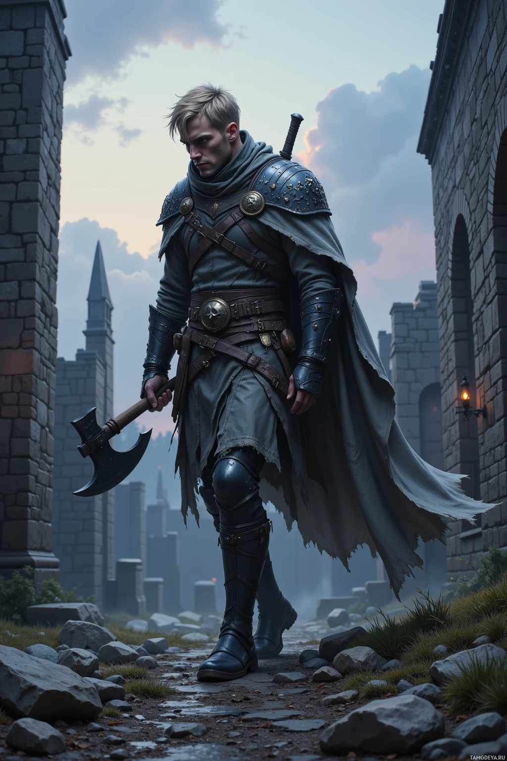 A warrior in armor and cape stands on a stone path, holding an axe, with a castle in the background.