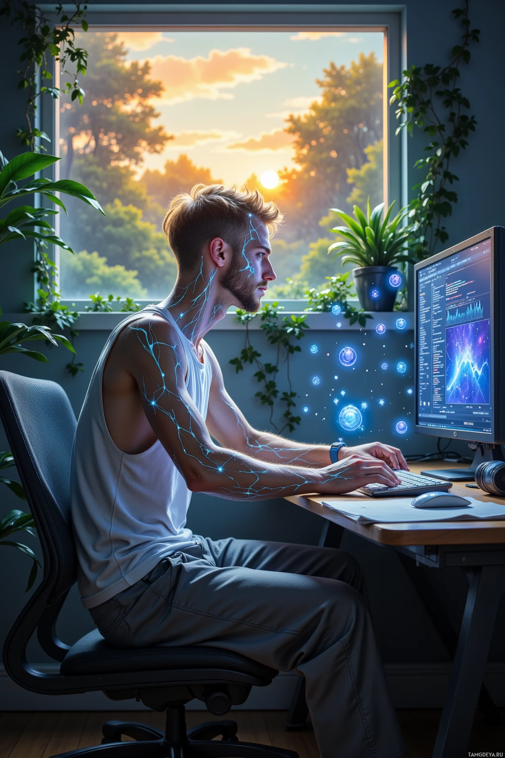 A man works at a computer with glowing blue lines on his arm, set against a serene sunset view.