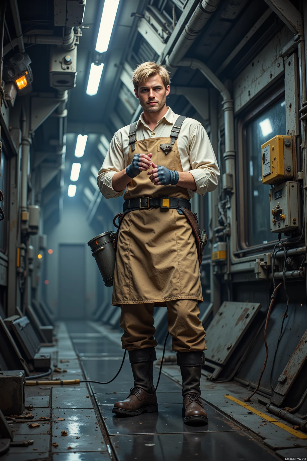 A person in a utility uniform stands in a dimly lit industrial corridor.
