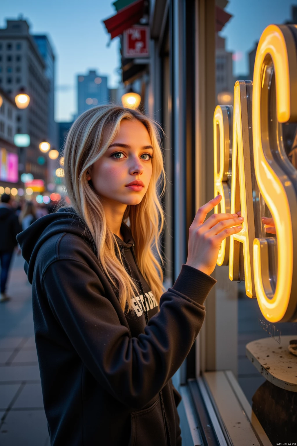 A person in a hoodie stands near a neon sign in an urban setting.