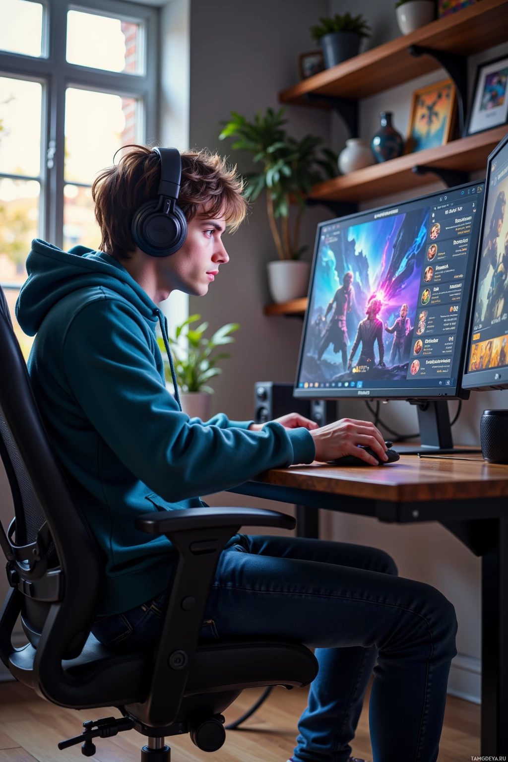 A person wearing headphones sits at a desk, playing a video game on a computer monitor.