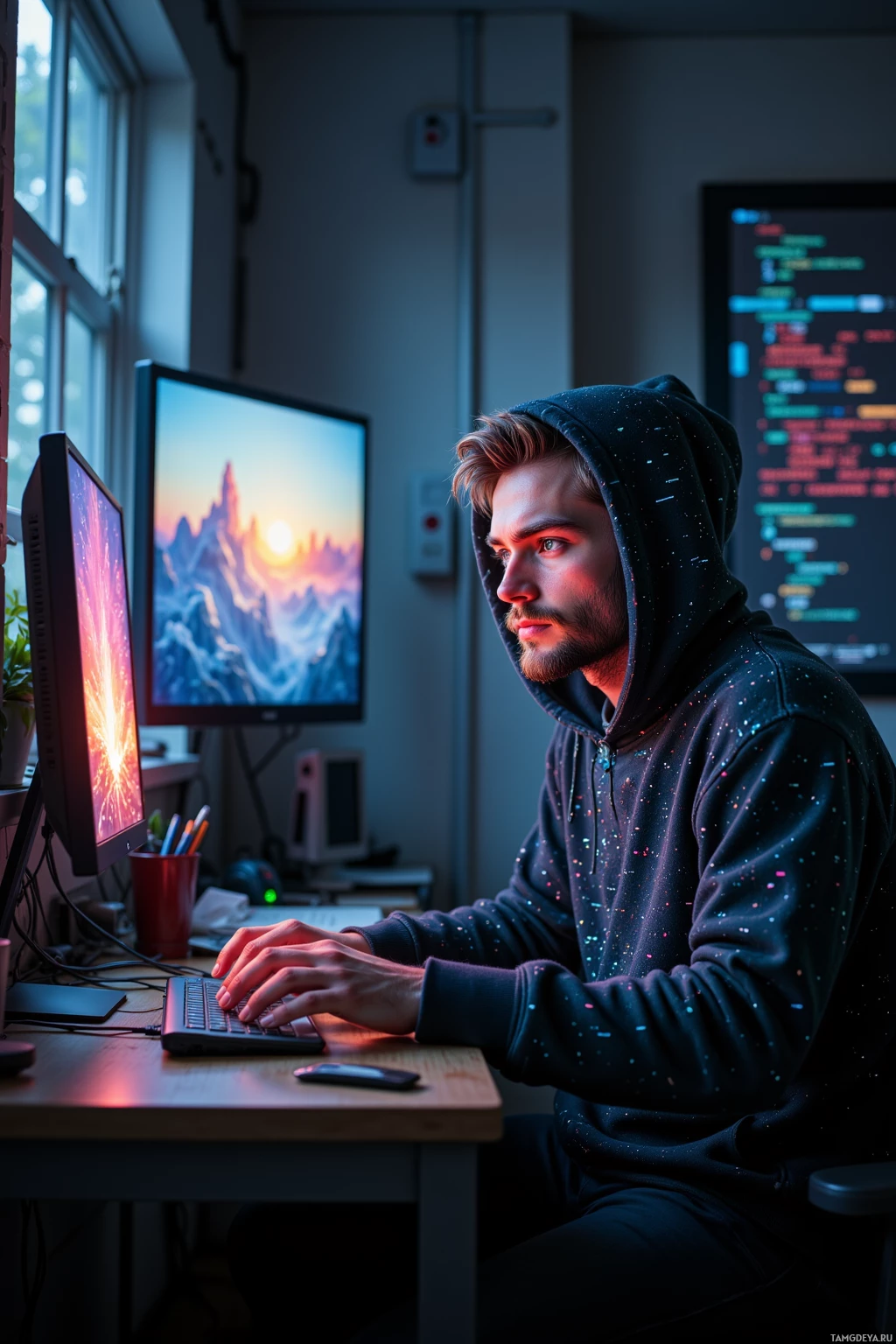 A person in a hoodie works at a desk with two computer monitors displaying colorful wallpapers.
