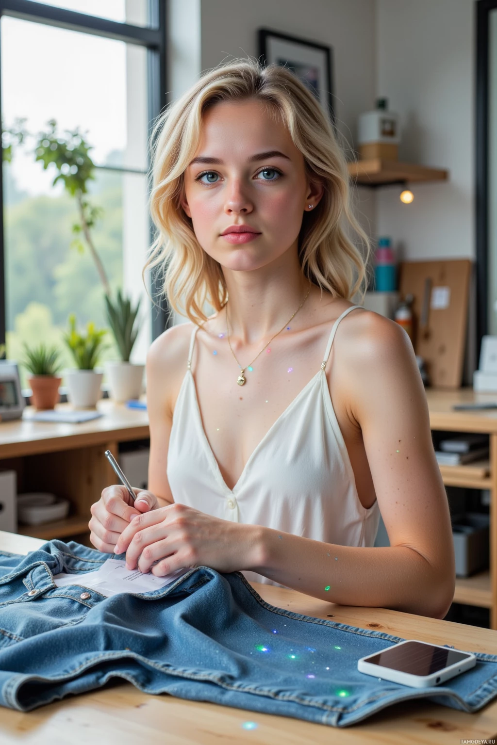 A woman in a white top is sitting at a desk, writing on a piece of paper.