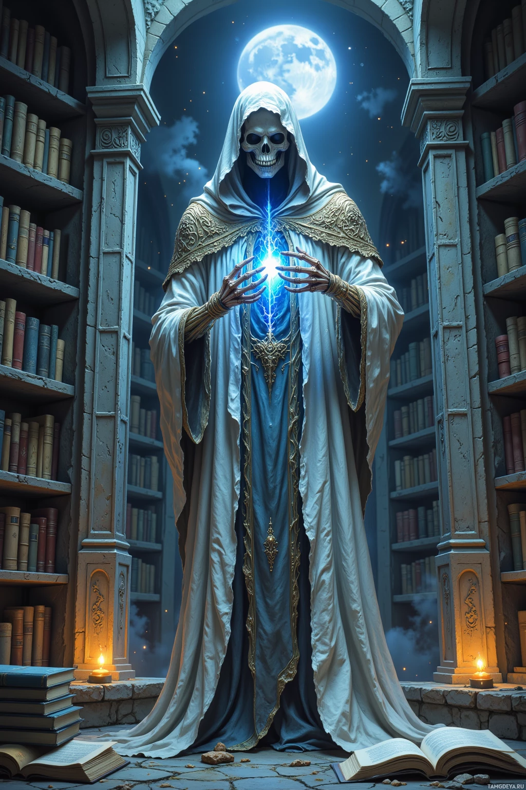 A skeletal figure in a hooded robe stands in a library, surrounded by books and a glowing blue light.