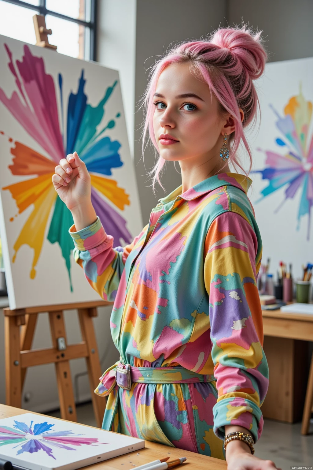A young woman with pink hair stands in an art studio, wearing a colorful, tie-dye outfit, with a painting featuring vibrant splashes of color behind her.