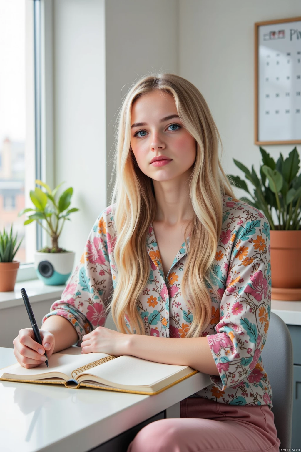 A person with long blonde hair sits at a desk, holding a pen and looking at an open notebook.