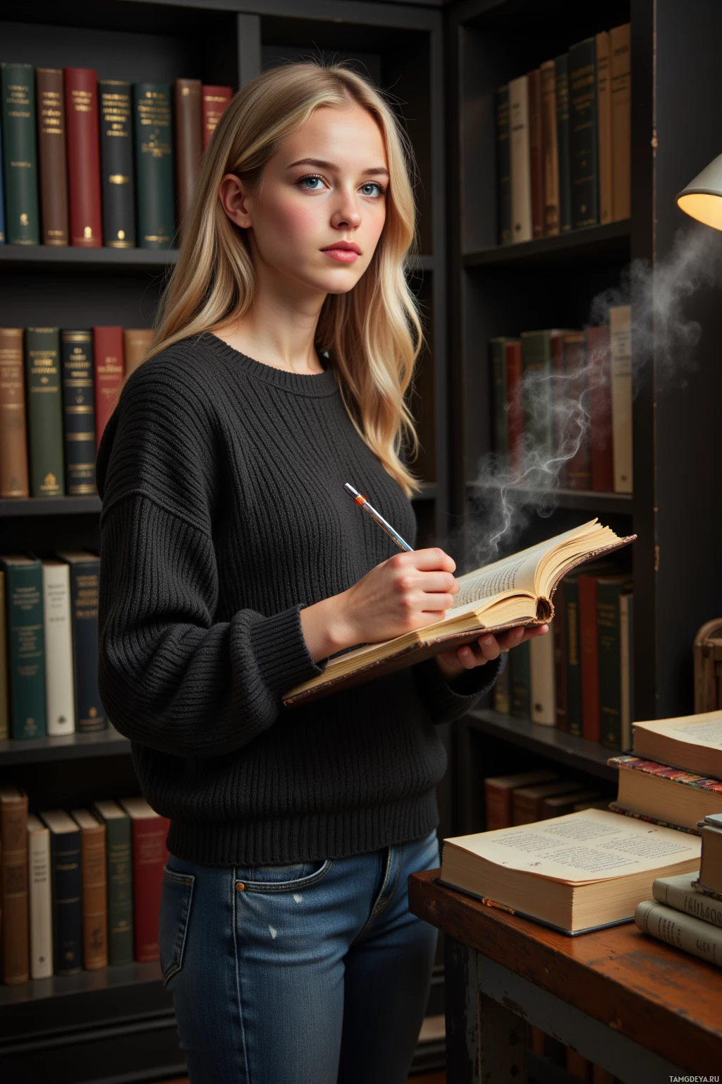 A young woman in a library setting, holding a book and pen, with bookshelves in the background.