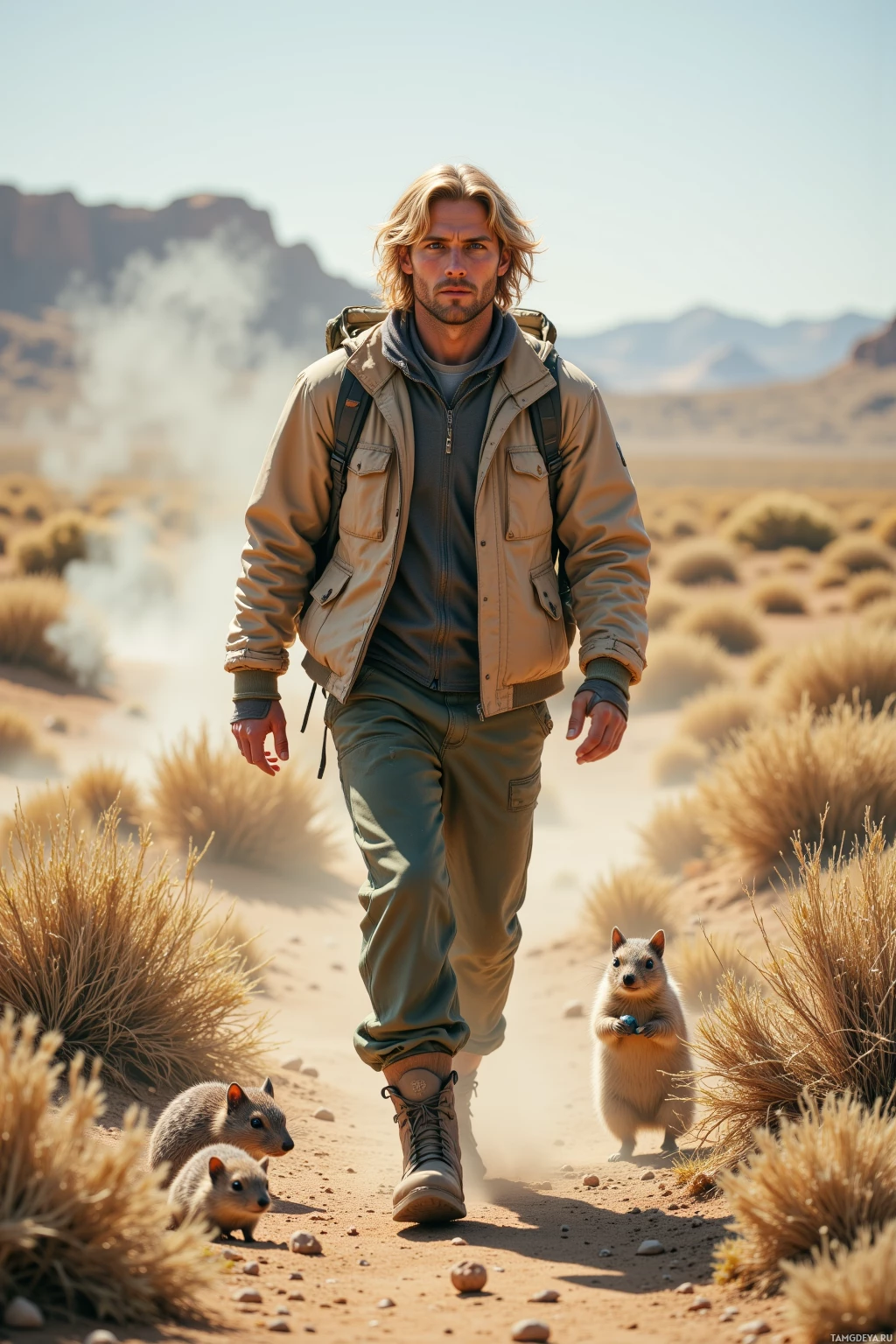 A man walks through a desert landscape with a small animal following him.