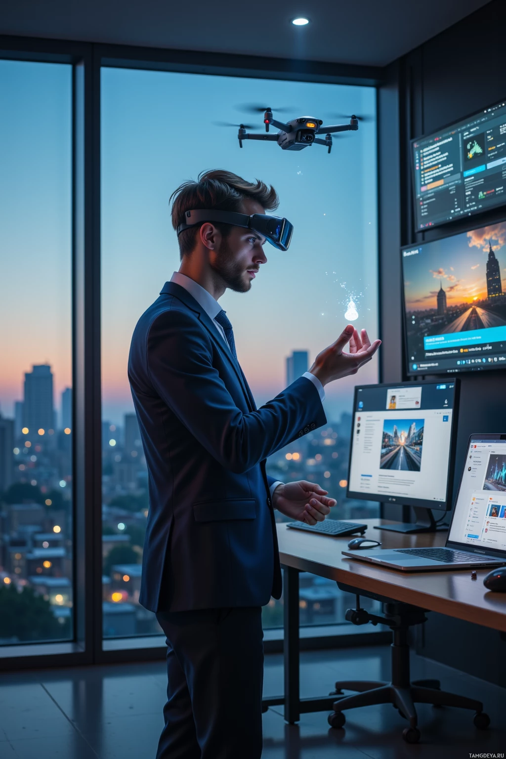 A man in a suit uses a VR headset in a modern office with a drone hovering nearby.