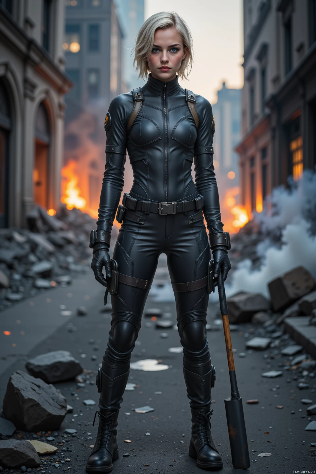 A woman in a black tactical outfit stands in a city street amidst rubble and fire.