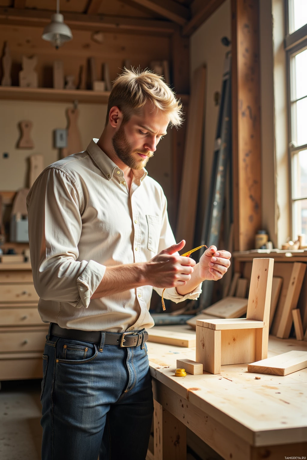A man in a workshop measuring a piece of wood.