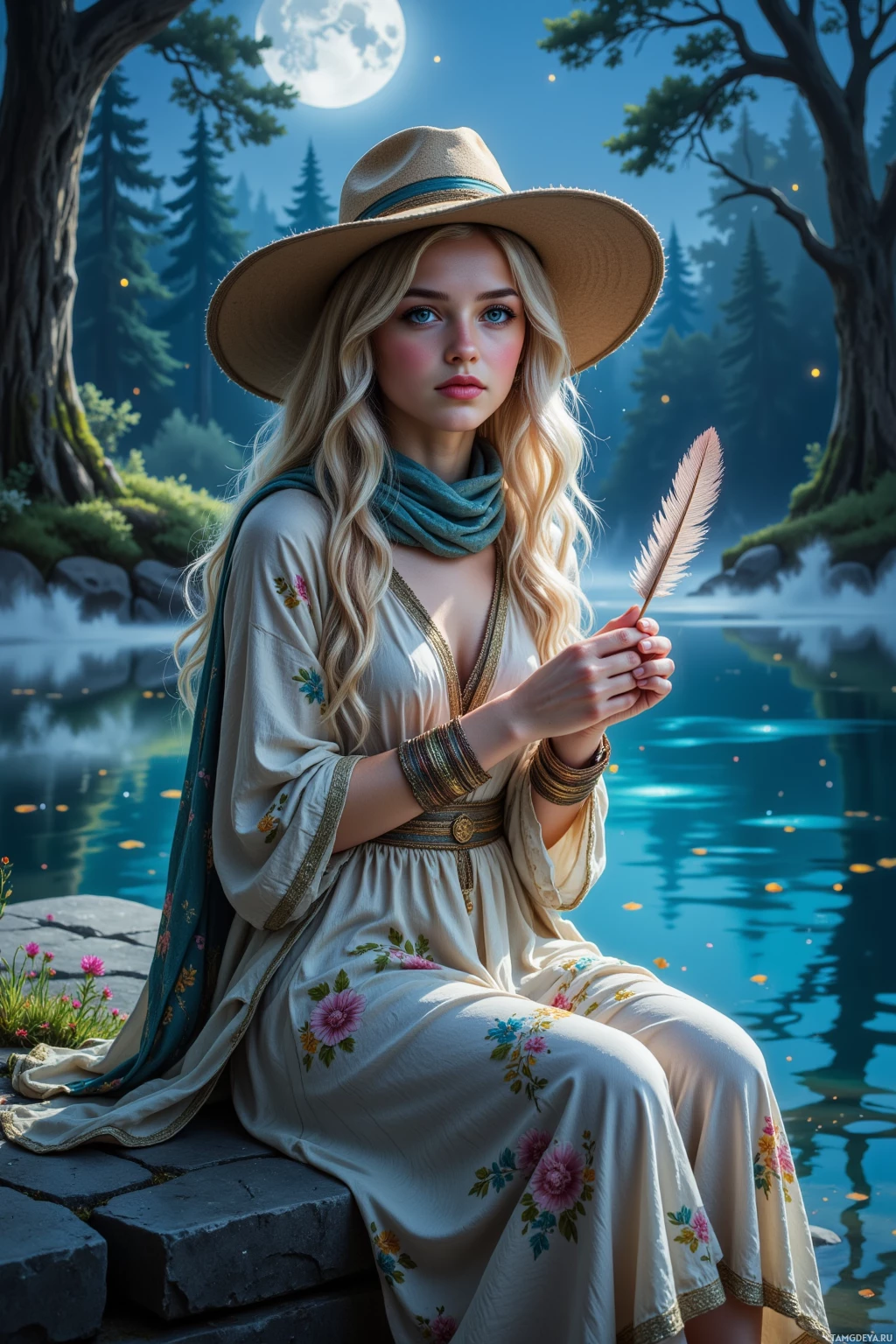 A woman in a floral dress and hat sits by a serene lake under a moonlit sky.