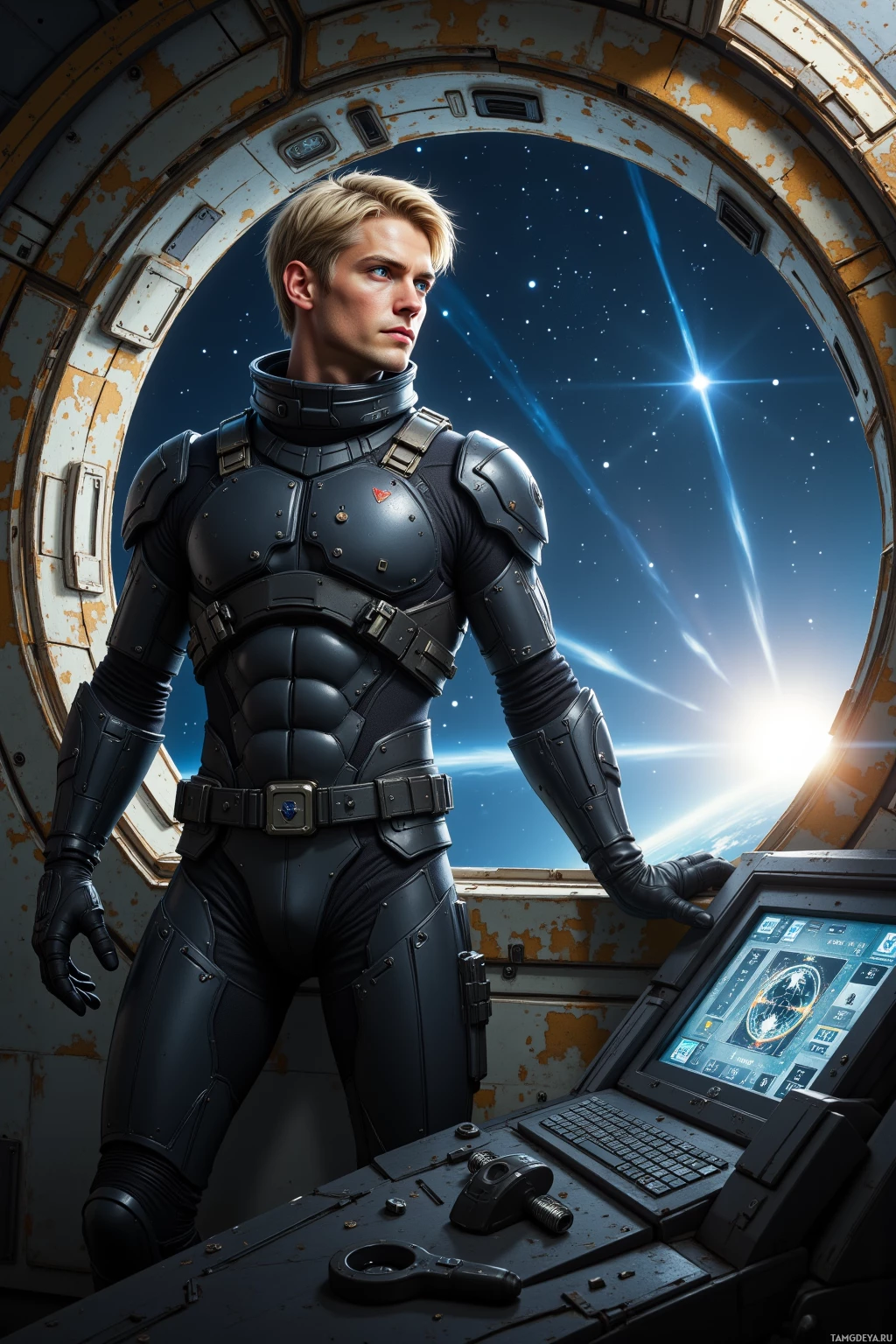 A person in futuristic armor stands inside a spacecraft, gazing out at a starry space scene.