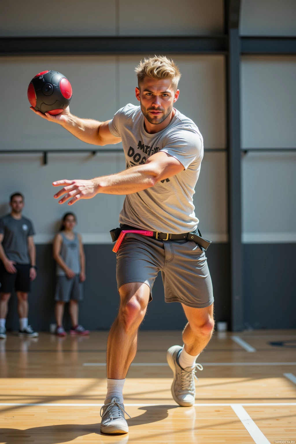 A man holds a dodgeball while standing on a gymnasium floor, with others in the background.