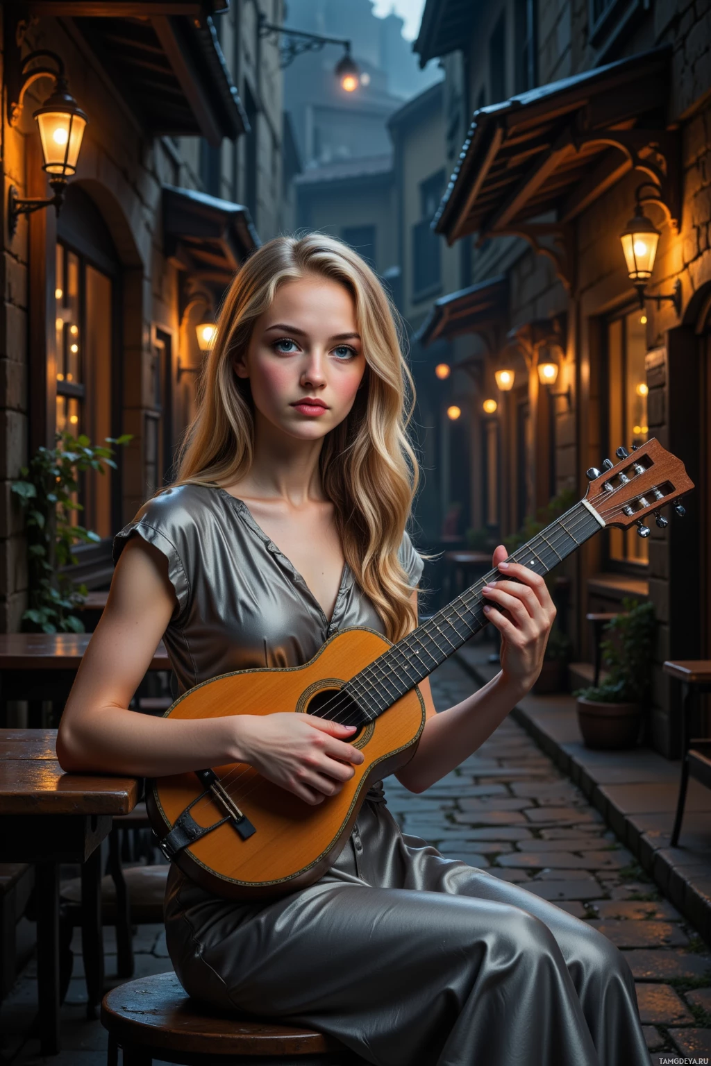 A woman sits on a stool in a dimly lit alleyway, playing a guitar.