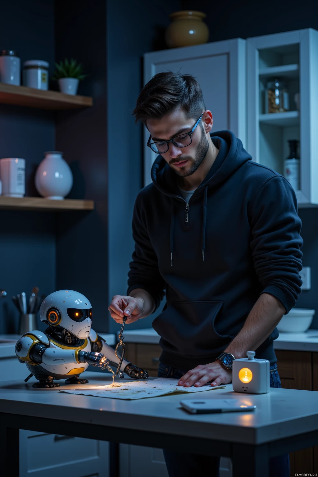 A man in a hoodie interacts with a small robot in a kitchen setting.