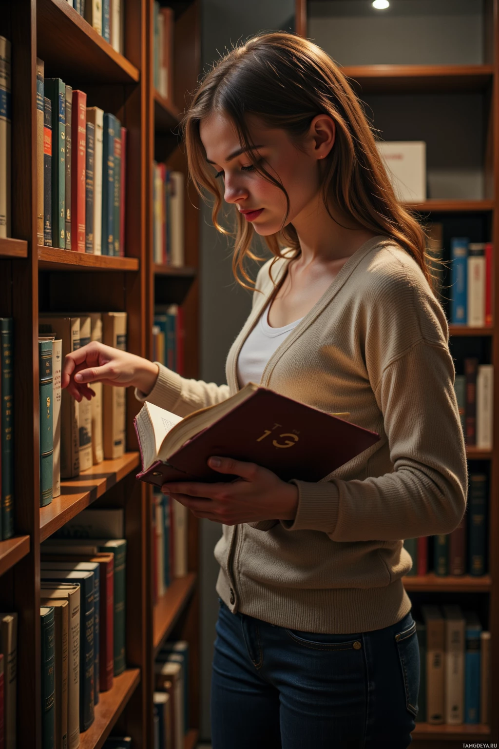 A woman stands in a library, holding and reading a book.