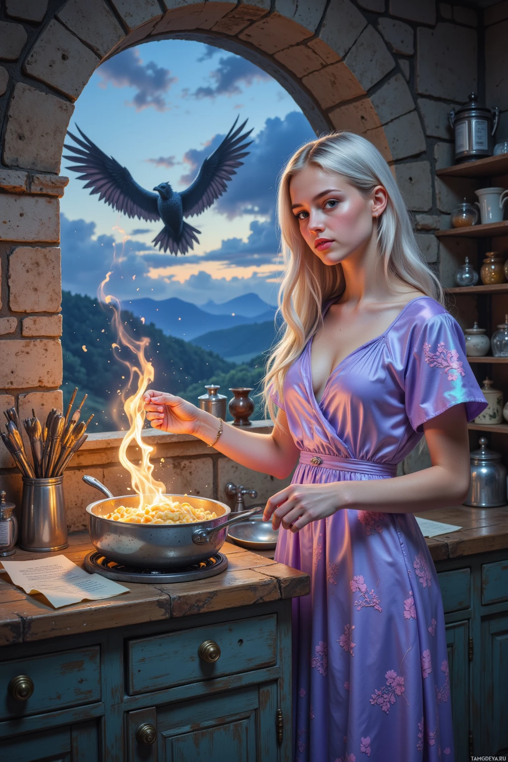 A woman in a purple dress cooks in a rustic kitchen with a crow flying outside.