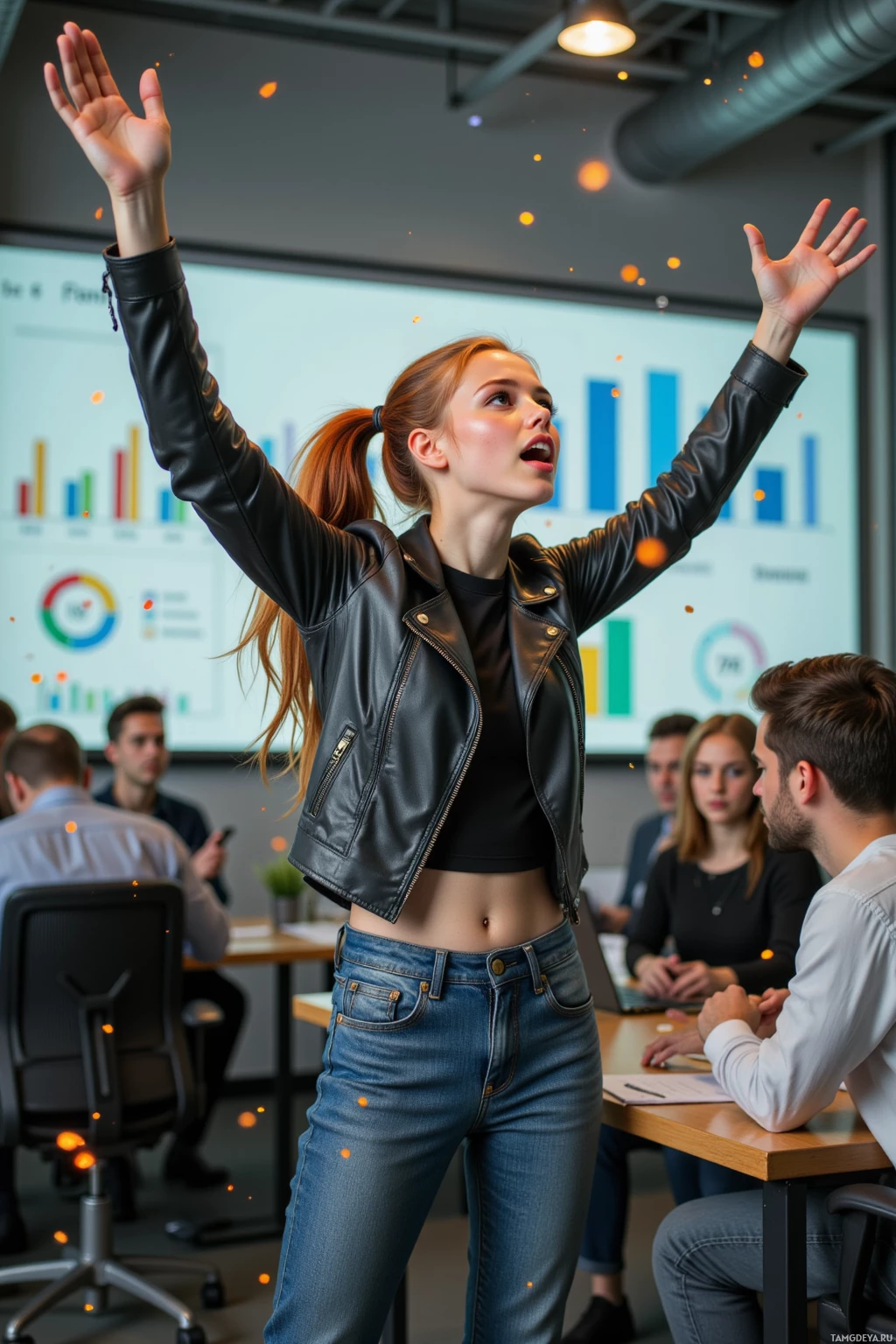 A woman raises her hands in a classroom setting with others seated at desks.