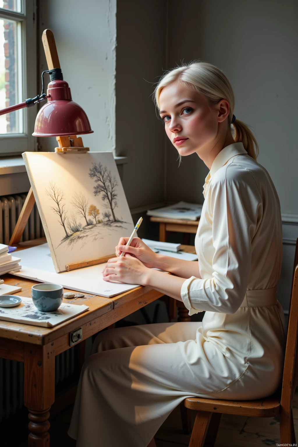 A woman sits at a desk, drawing a landscape with a pencil under a lamp.
