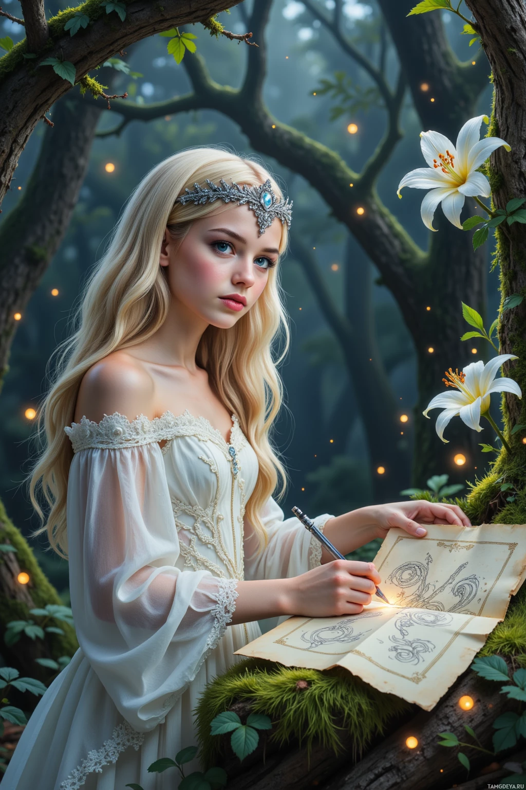 A woman in a white dress writes on parchment in a forest setting.