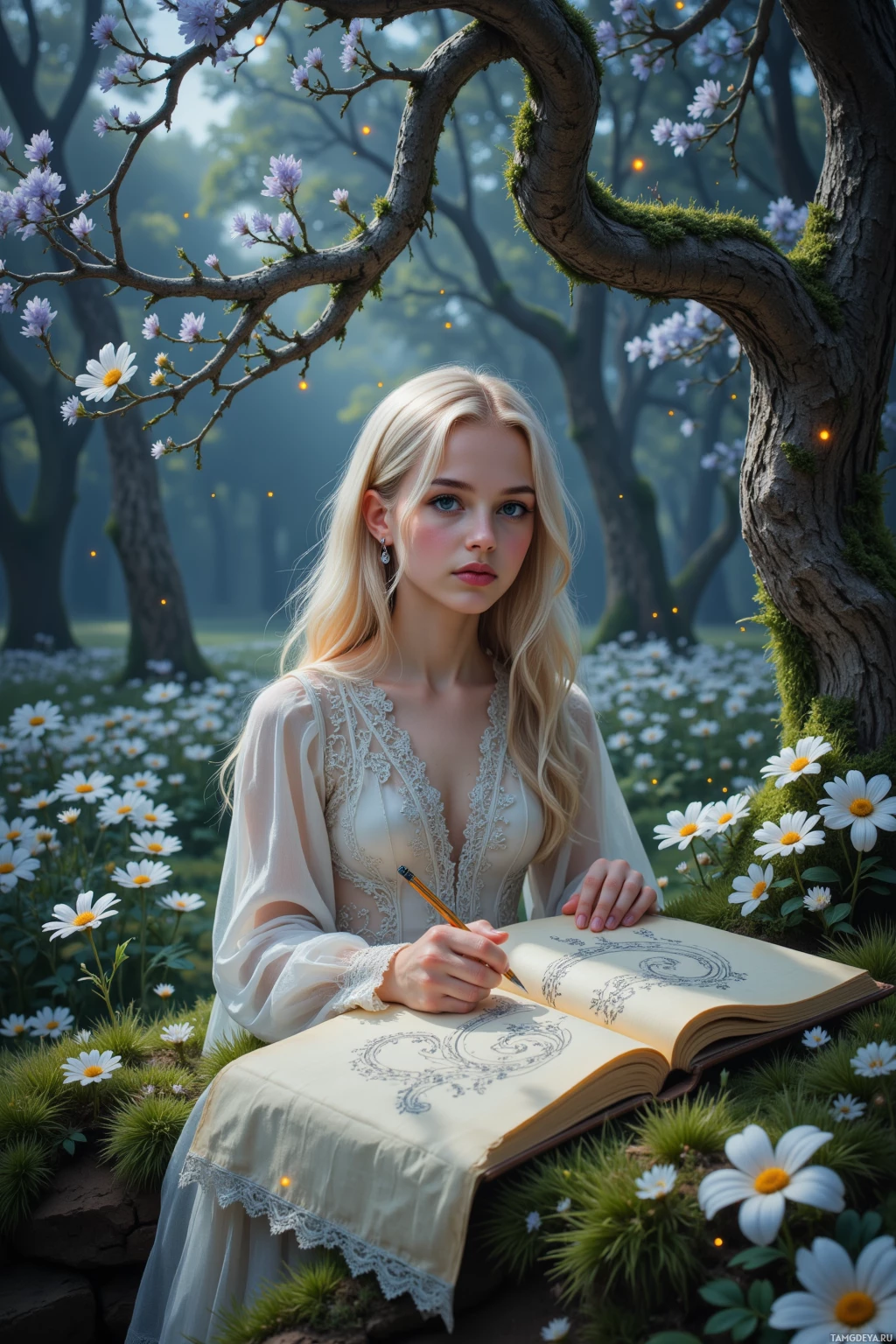 A woman in a white dress sits in a garden, writing in a book.