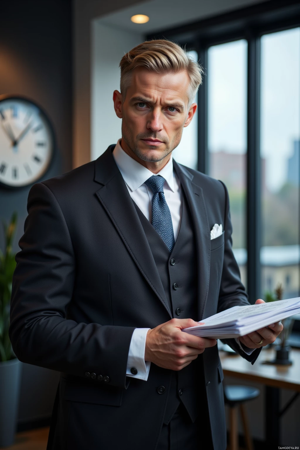 A man in a formal suit holds a stack of papers, standing in a modern office setting.