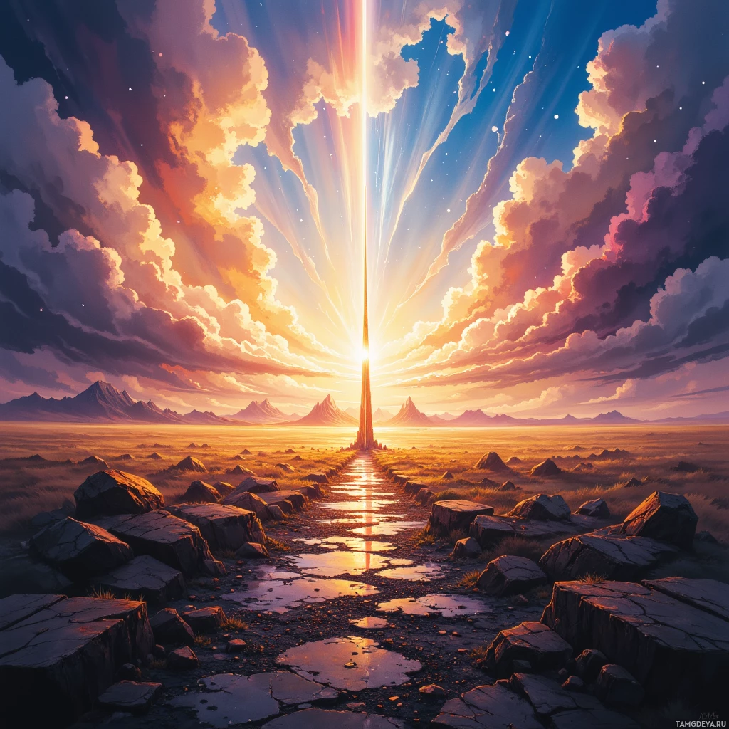 A vibrant sunset scene with a radiant light beam piercing through clouds, casting a warm glow over a rocky landscape.