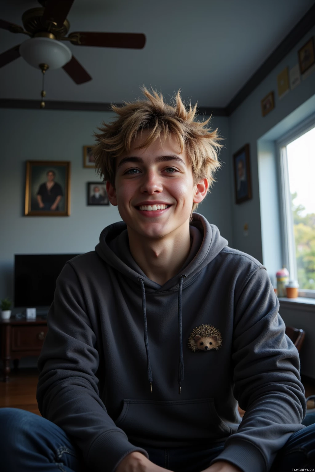 A young person wearing a dark hoodie with a hedgehog design, sitting indoors.