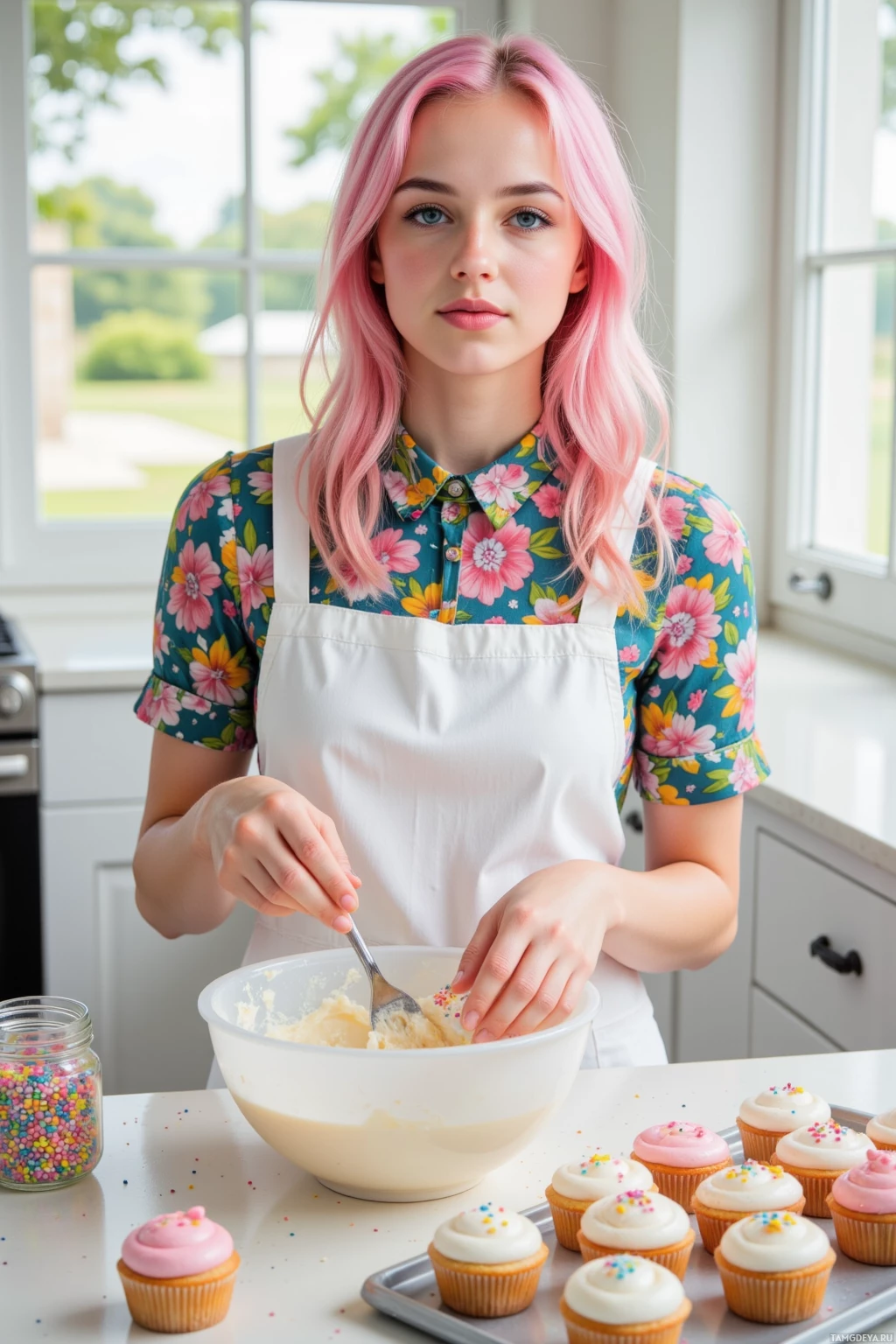 A person with pink hair wearing a floral shirt and apron is mixing ingredients in a bowl in a kitchen.