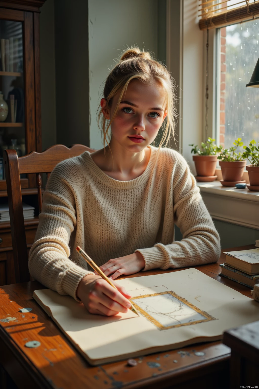A young person wearing a beige sweater sits at a wooden desk, drawing on a large piece of paper with a pencil.