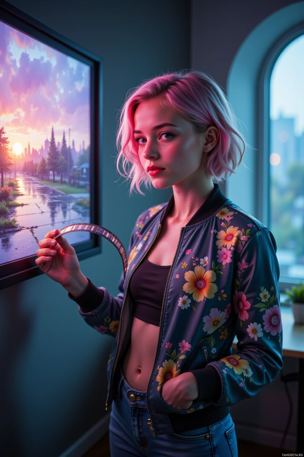 A person stands indoors, wearing a floral bomber jacket and jeans, holding a film strip.