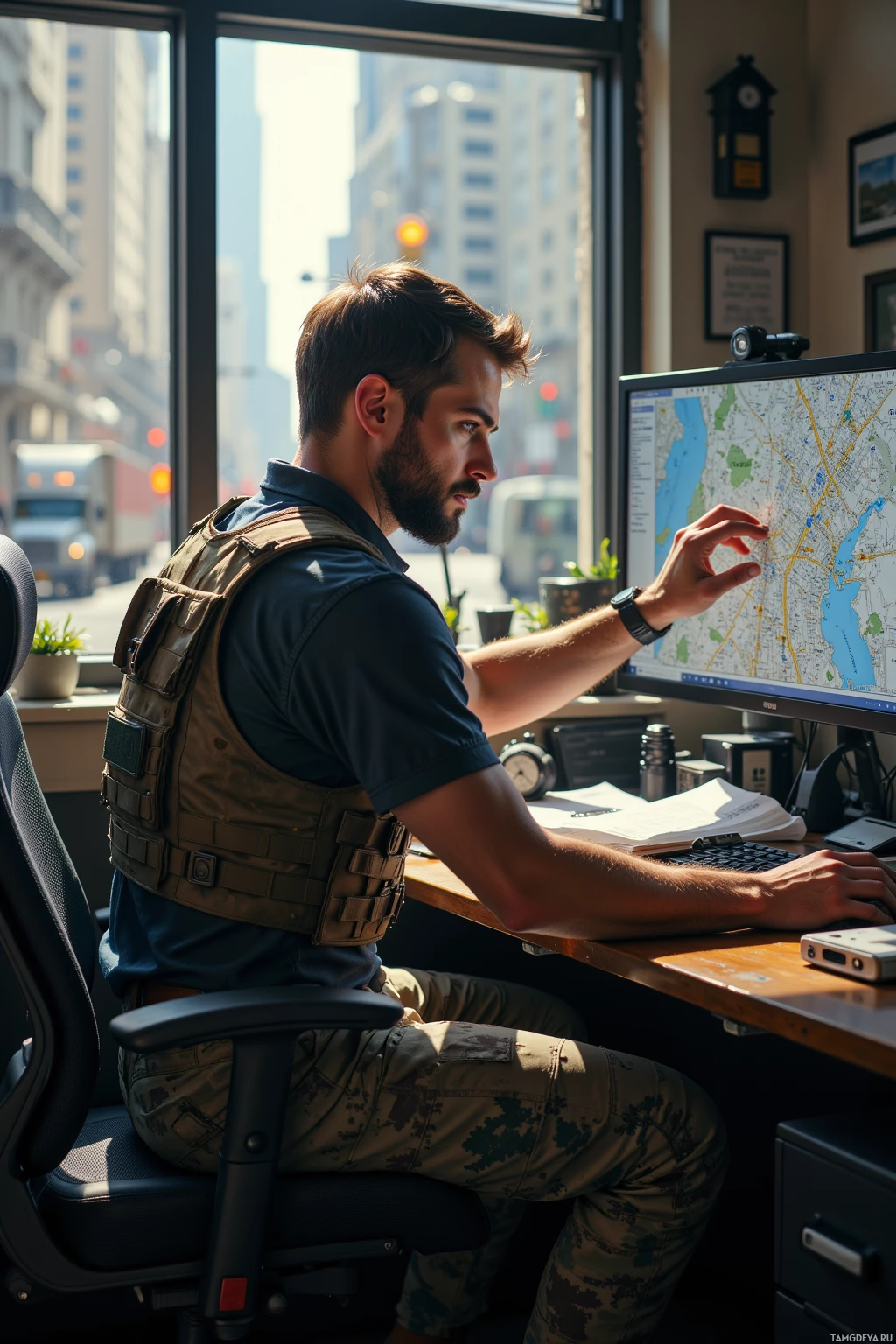 A man in tactical gear is working at a desk with a map displayed on a computer screen.