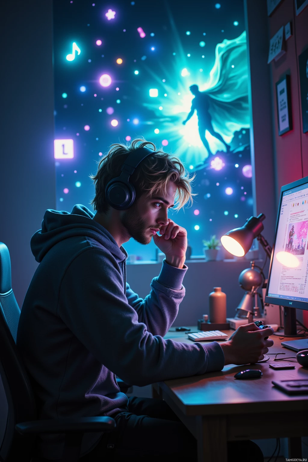 A person wearing headphones sits at a desk, working on a computer in a dimly lit room with colorful, glowing decorations.