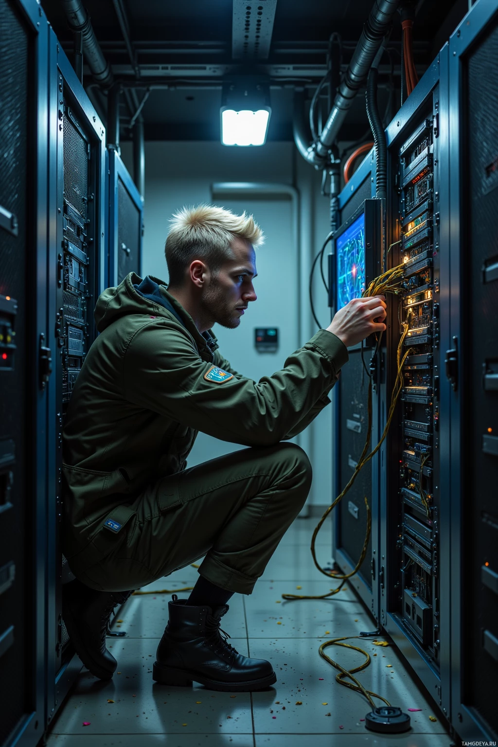 A person in a military-style uniform is crouching and working on a server in a data center.