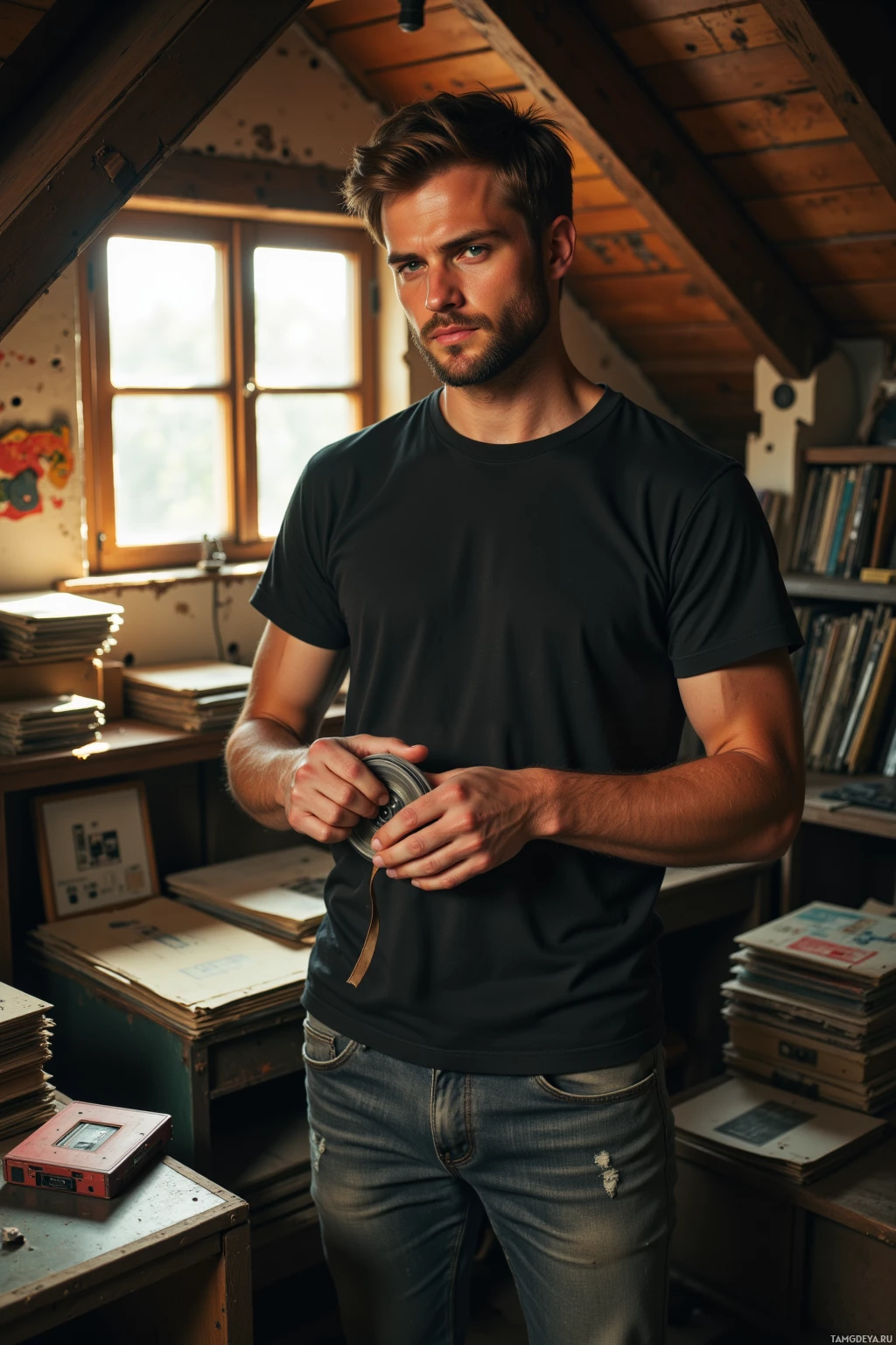 A man in a black t-shirt and jeans stands in a room with wooden beams and shelves.