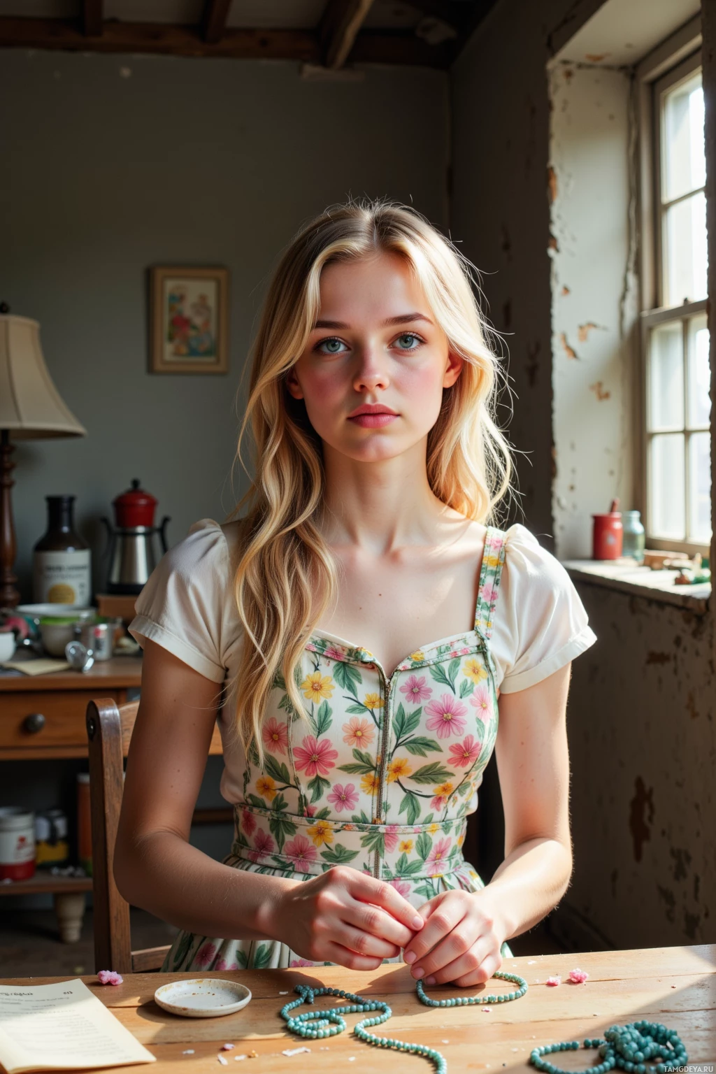 A young woman in a floral dress is sitting at a table, working on a beaded necklace.