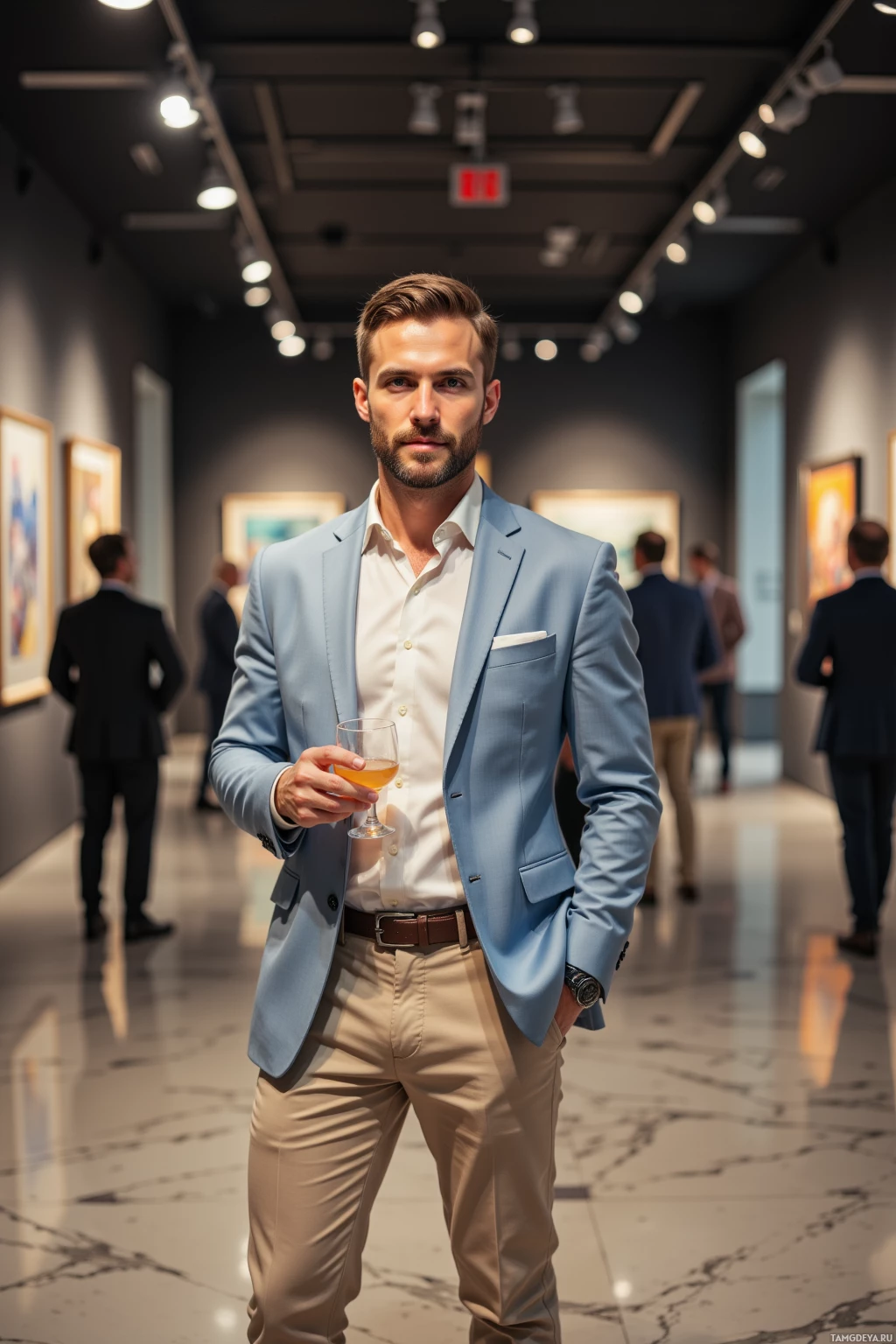 A man in a light blue suit and beige pants holds a drink in an art gallery.
