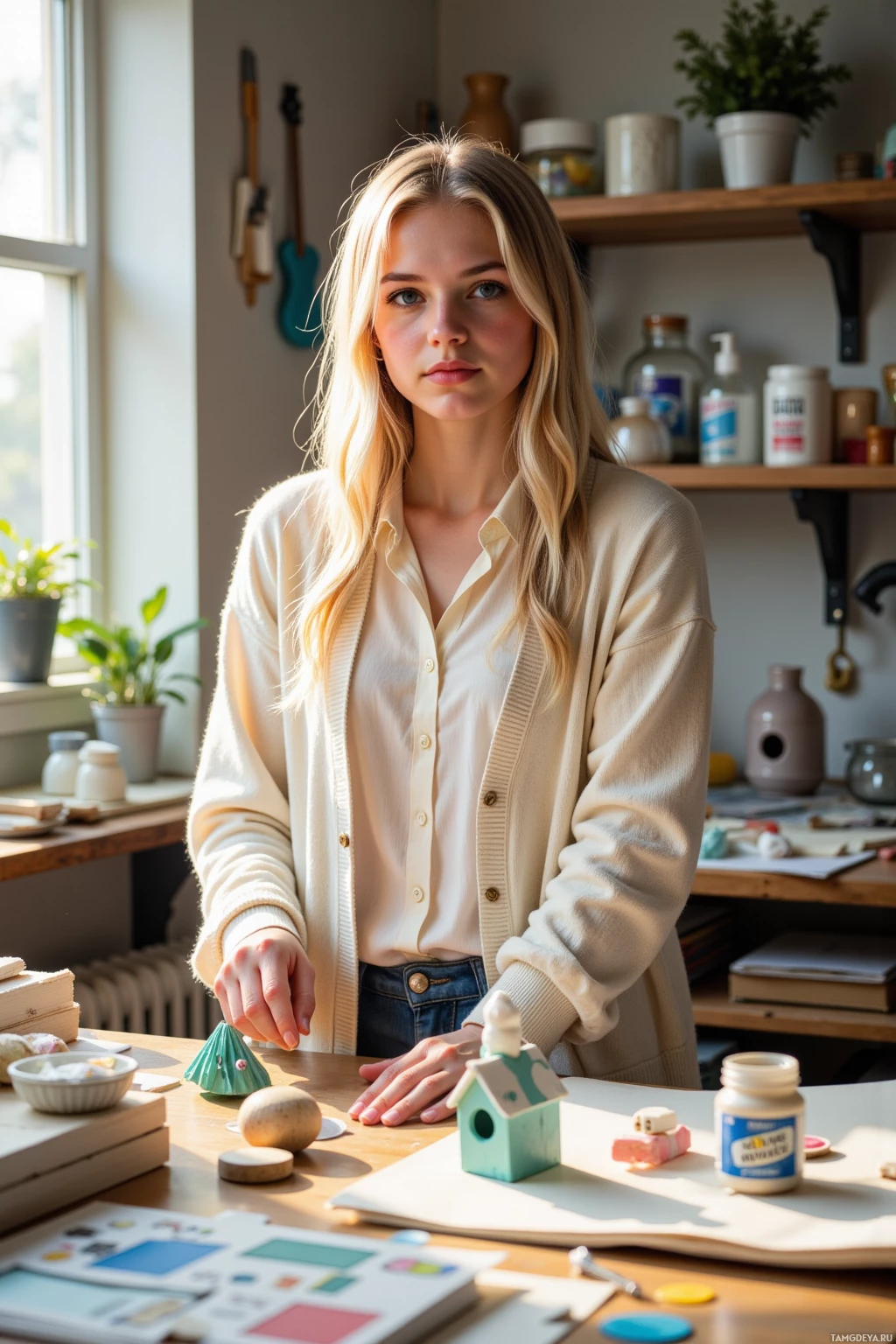 A person stands in a well-lit room with shelves of items and a table with various objects and materials.