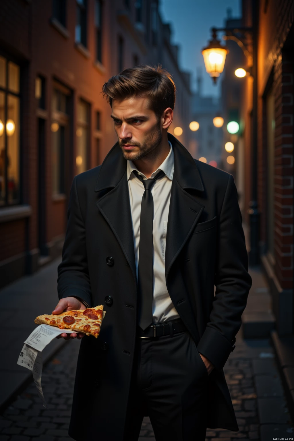 A man in a suit holds a slice of pizza in a dimly lit alleyway.